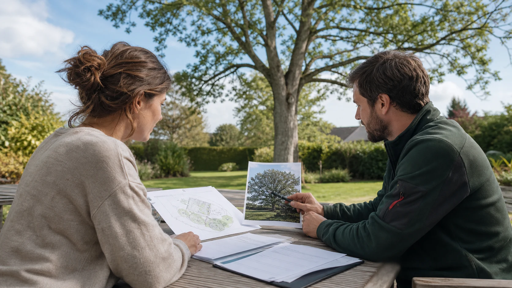 Arbre et environnement de jardin illustrant la préparation d'un projet arboricole.