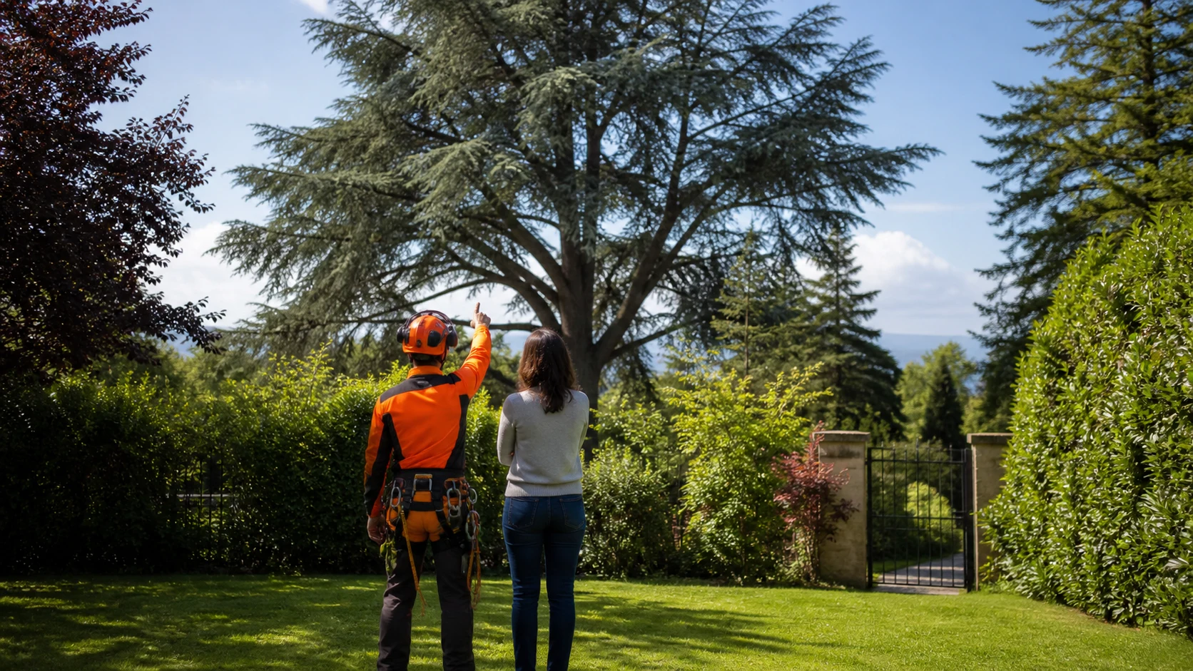 Un arboriste et un propriétaire observent un arbre depuis le sol avant une visite de devis en Suisse romande.