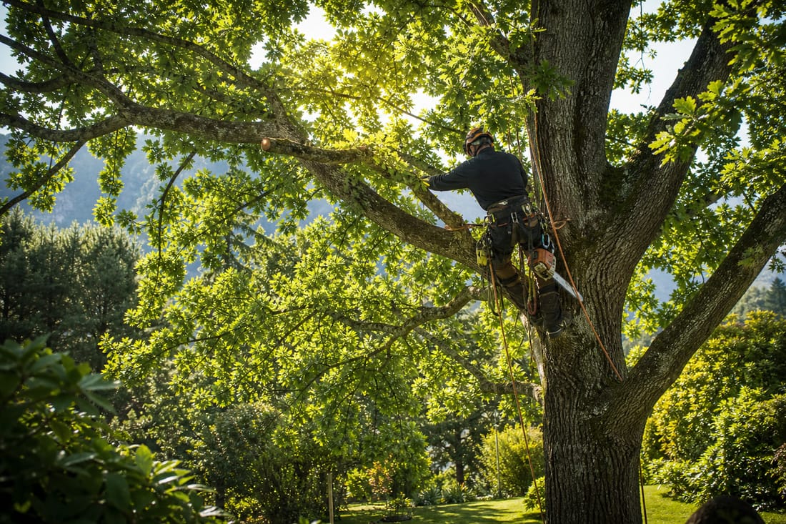 Exemple : élagage d'un arbre en hauteur par un arboriste-grimpeur